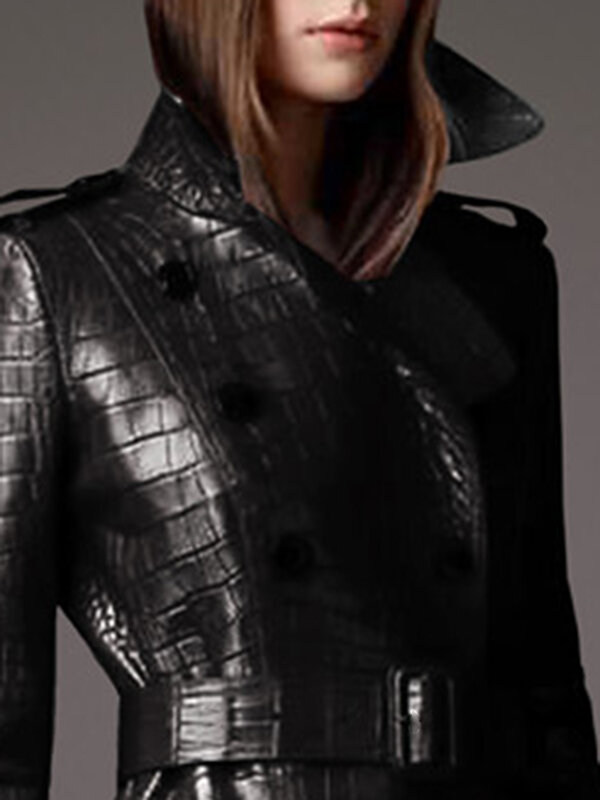 Lautaro-Casaco de couro PU longo com padrão crocodilo preto para mulheres, cinto, trespassado, elegante, moda estilo britânico, outono