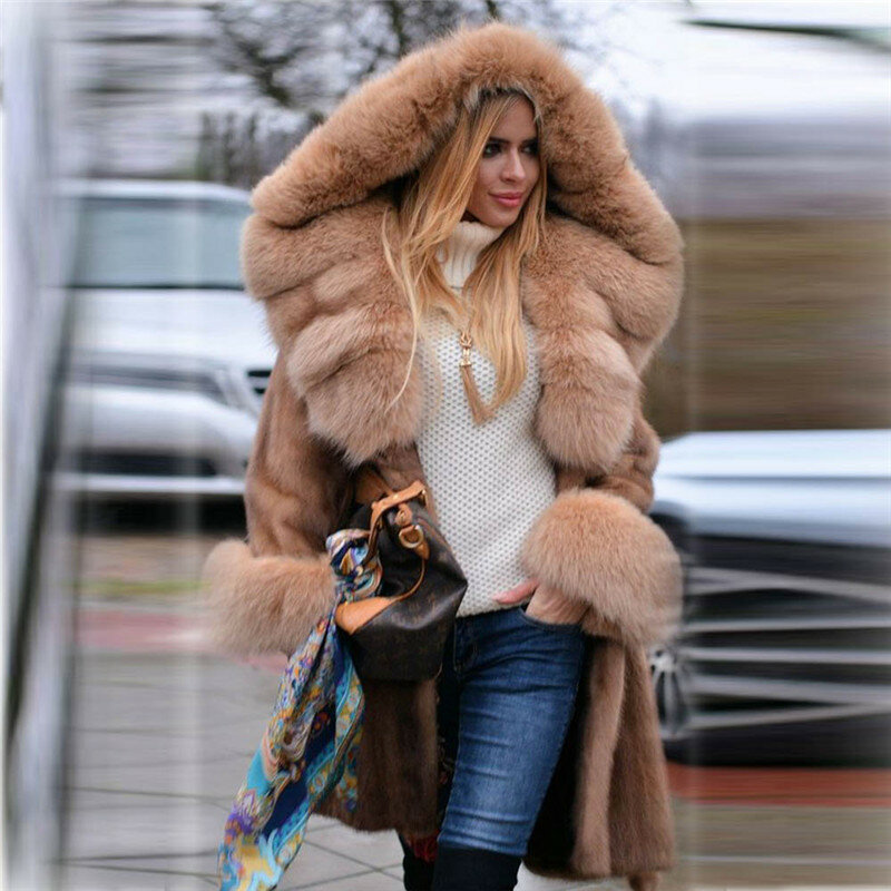 Mulheres de luxo inverno real casaco de pele de vison longo com grande pele de raposa guarnição da capa natural genuíno casaco de pele de vison com cinto de pele