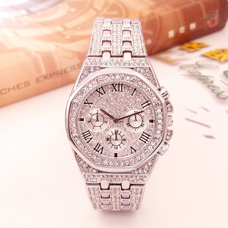 Relojes de plata de lujo para Hombre, pulsera de cuarzo con diamantes completos de acero inoxidable 316L, 2022