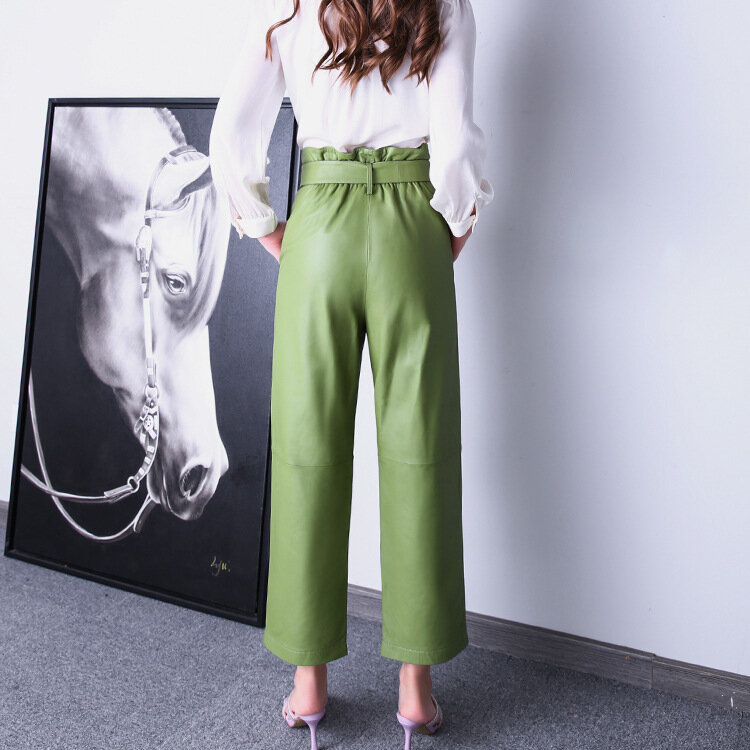 Pantalon taille haute en cuir véritable pour femme, nouveau Style, avec ceinture, vente en gros et en détail, 2022