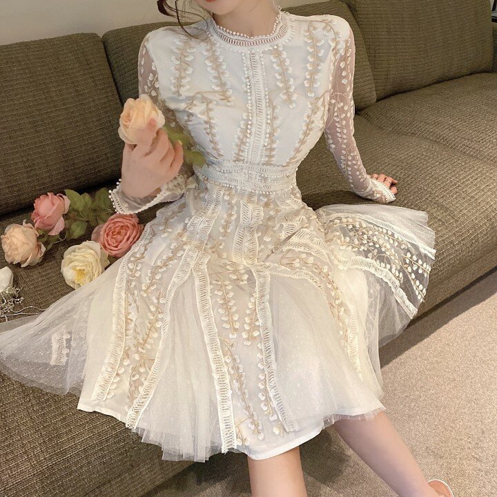 2023 modna damska sukienka haftowany kwiat damska z okrągłym dekoltem elegancka Vintage w groszki siatkowy Patchwork koronkowa sukienka do kolan przedsionek