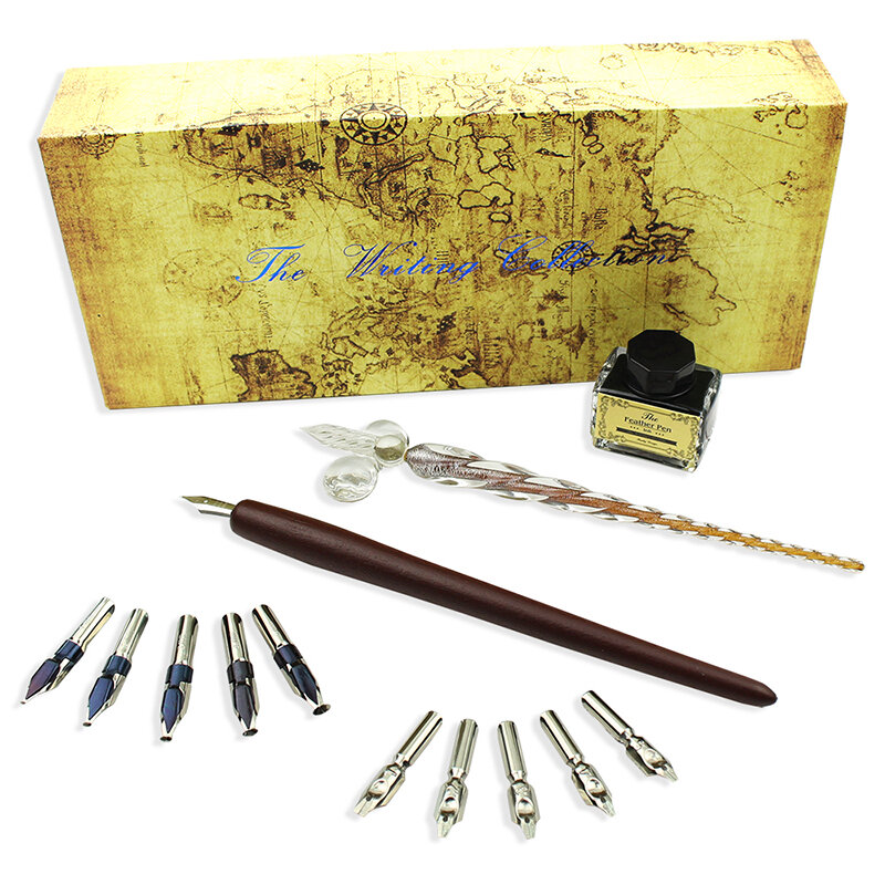 FEATTY-Kit de pluma de inmersión de madera de 10 puntas, juego de escritura de caligrafía de cristal de vidrio, pluma estilográfica de alta calidad para dibujo de letras artísticas