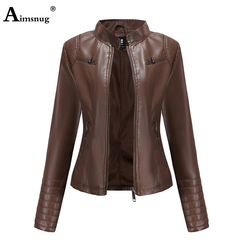 2020 Faux Pu Leather Jackets Women Autumn New Outerwear Pockets Zip up Coat Slim Fitted Biker Jacket Plus size Women Garments