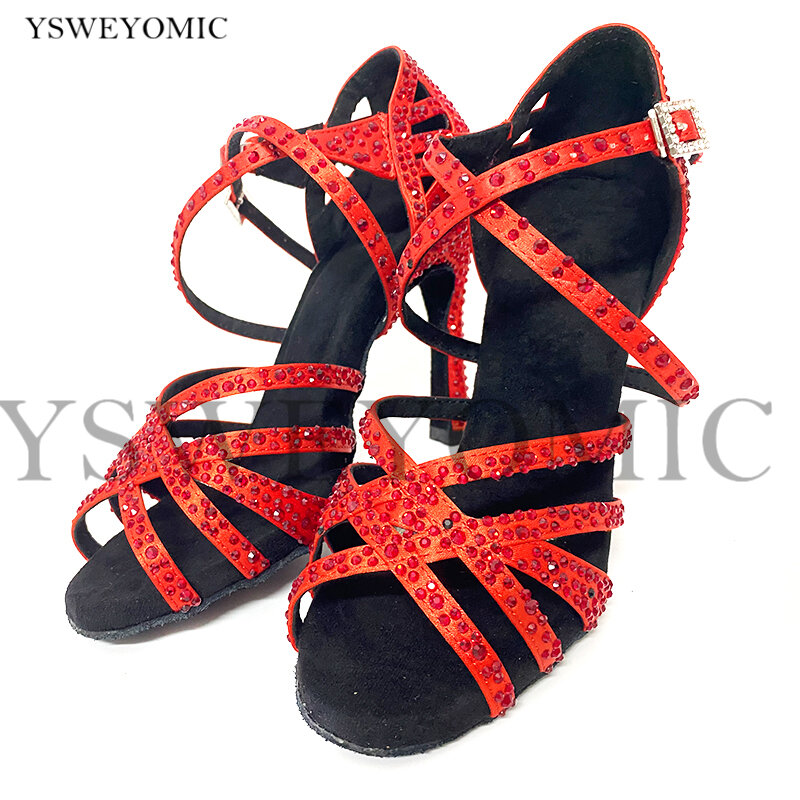 Chaussures de danse à talons hauts 10cm, couleur personnalisée rouge bleu vert Satin avec cristal pour femmes, chaussures de Salsa latine d'intérieur, livraison gratuite