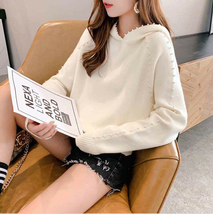 New Fashion Autumn and Winter Women's Hooded Sweater Pure Color Female Spring Long Sleeve Knitwear Students Knitted Tops