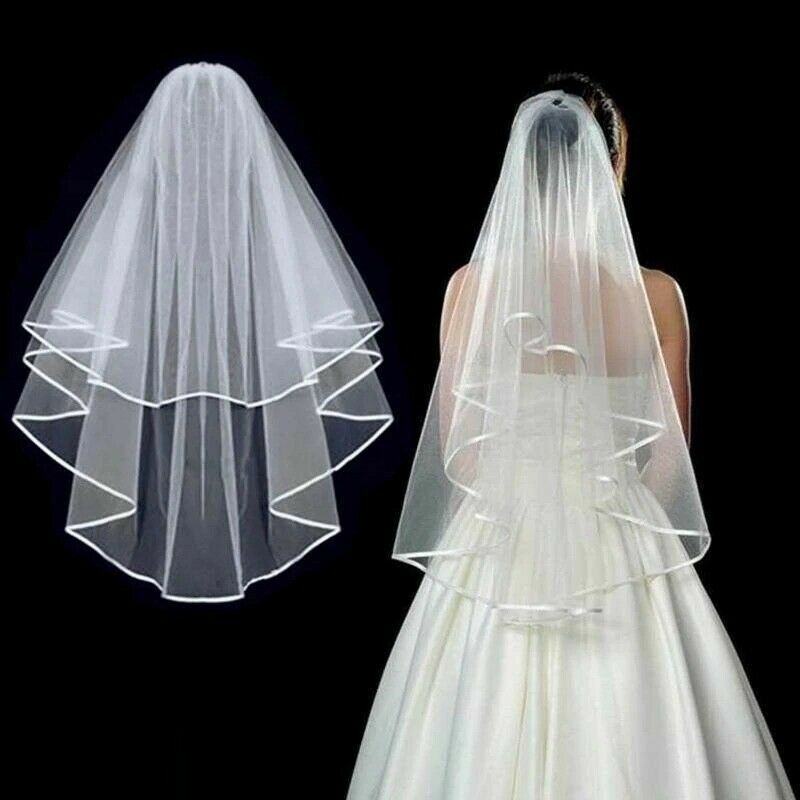 Kerudung pernikahan Tulle pendek dua lapis dengan sisir, kerudung pengantin gading putih untuk pengantin