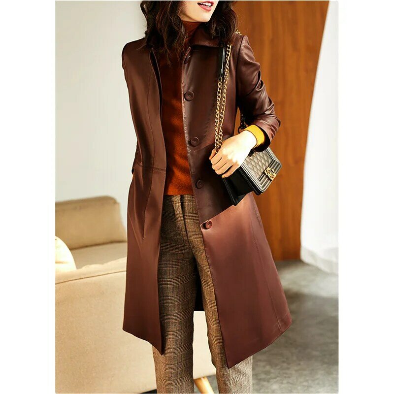 Casaco de couro genuíno feminino com renda, jaqueta de pele de carneiro, trincheira longa, tamanho grande, tops