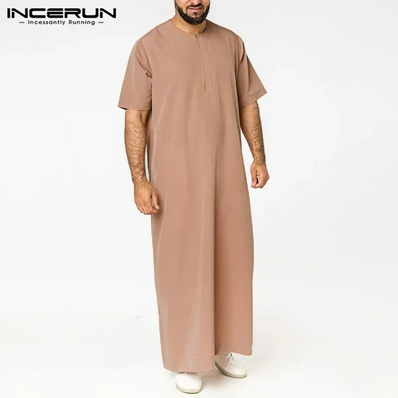 Mens Solid Color Robes Saudi Style Zipper Jubba Thobe Man Vintage Short Sleeve O Neck Muslim Arabic Islamic Clothing 5XL INCERUN
