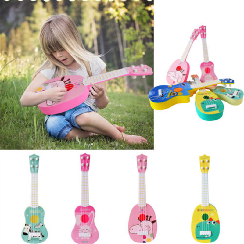 Gitar Musik Anak-anak Balita Mainan Bermain Edukatif Alat Ukulele Mini Gambar Binatang Kartun Lucu Anak Laki-laki Perempuan Merah Muda/Biru/Kuning