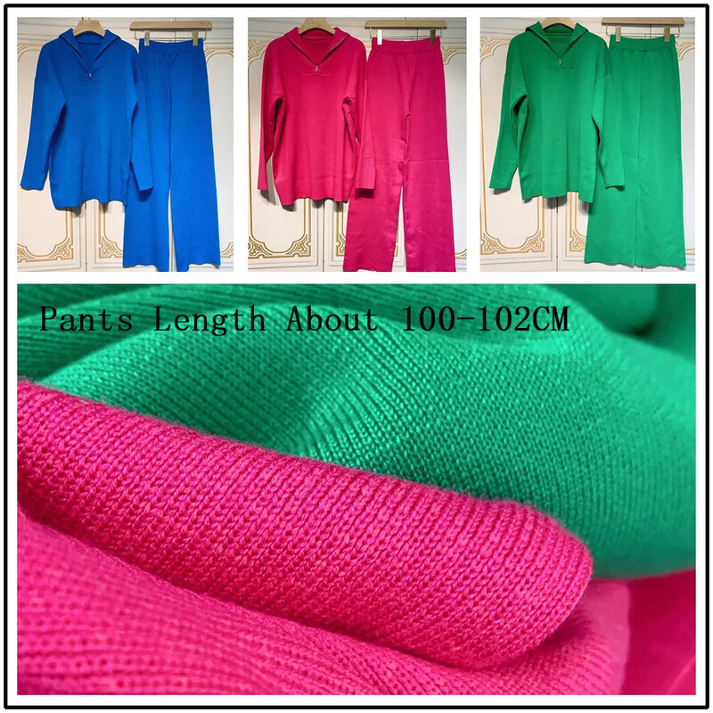 Бесплатная доставка, повседневный осенний вязаный свитер свободного покроя, Модный пуловер на молнии с отворотом и длинным рукавом и прямые брюки, комплект из двух предметов