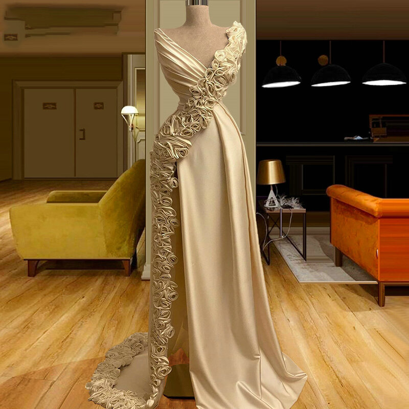 Fomal Celebrity Dresses A-Line V คอความยาวซาตินดอกไม้ Slit เซ็กซี่ยาวที่มีชื่อเสียงอย่างเป็นทางการสีแดงพรมชุด