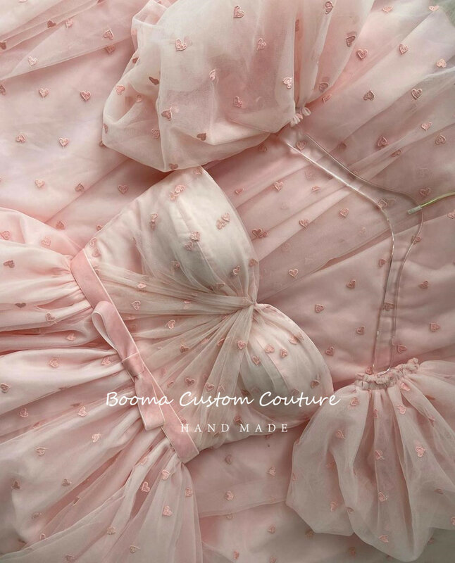 Booma Baby Pink Heart Tulle Prom Dresses Sweetheart Short Puff Sleeves Birthday Gowns A-Line Wedding Party Dresses for Women