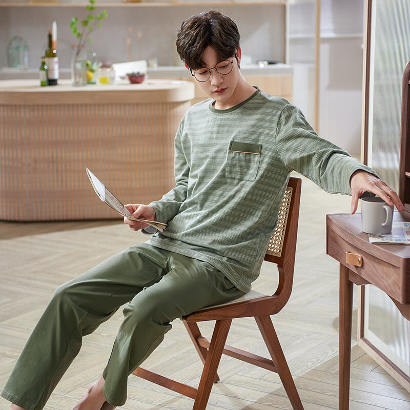 Pijama de algodón suave de manga larga para hombre, conjunto de ropa de dormir a rayas, con cuello redondo, para primavera y otoño