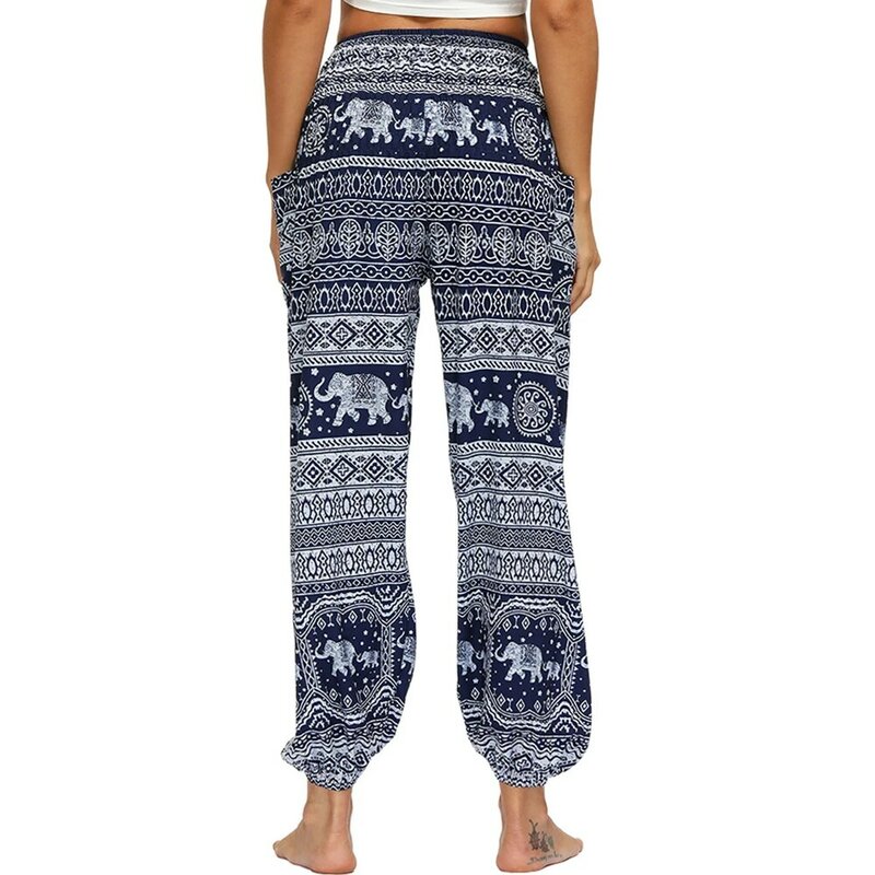 Pantalones bohemios para mujer, pantalones bombachos de cintura ancha para Yoga, Hippie, Palazzo, con bolsillos, holgados para playa