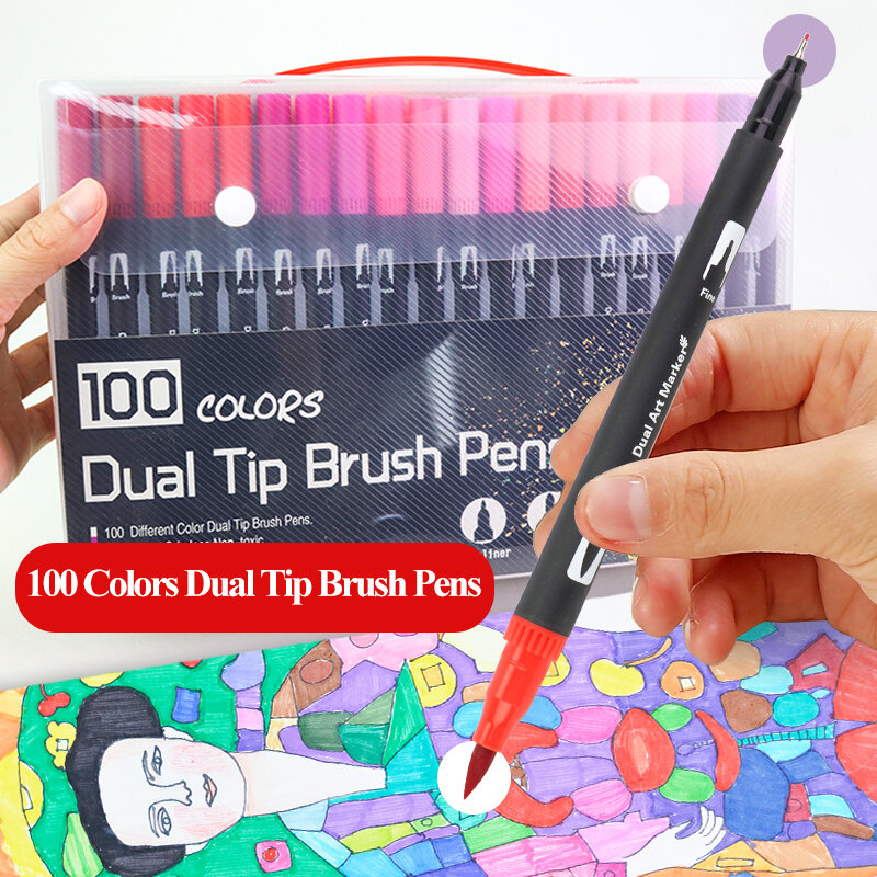 Caneta marcador, jogo de canetas de ponta dupla e 100 cores, delineador fino, caneta de feltro lavável, desenho em aquarela, material escolar