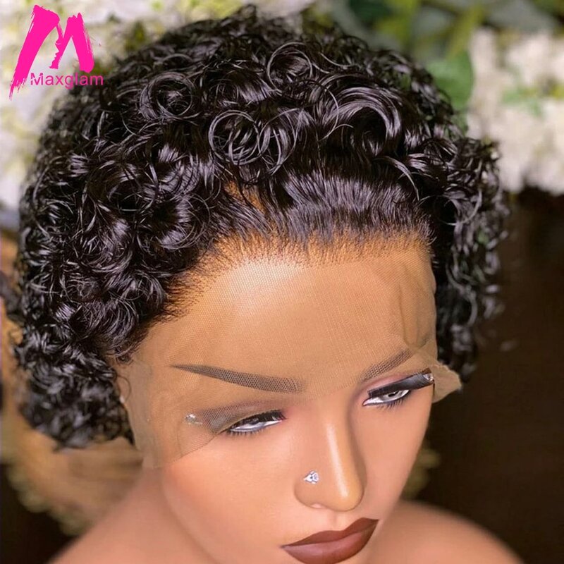 Fryzura Pixie peruka 99J bordowy woda głębokie koronkowa fala peruka Afro kręcone krótkie Bob peruki z ludzkich włosów Natural Color koronkowa peruka na przód dla kobiet