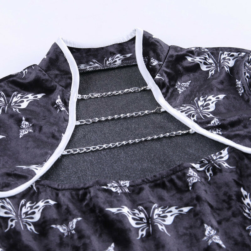 Sexy estampado de mariposa Cheongsam Tops y blusas para mujer gótico mujeres Tops moda cadena ahueca hacia fuera la blusa de las mujeres