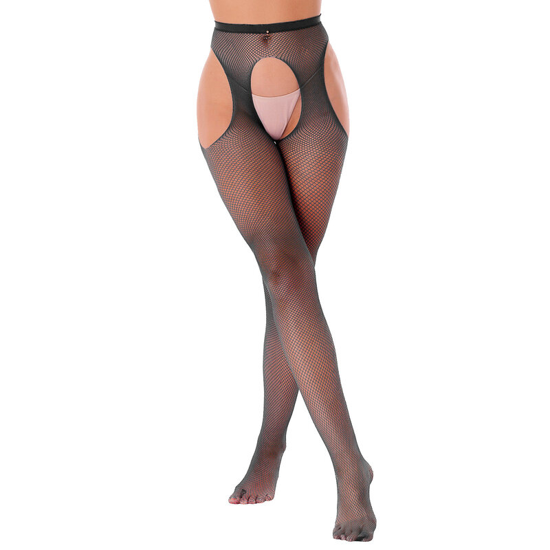 Women Sexy Stretchy Mesh Leggings See Through Sheer Hollow Out Fishnet Stockings Cutout Crotchless Tights Pantyhose Solid Color