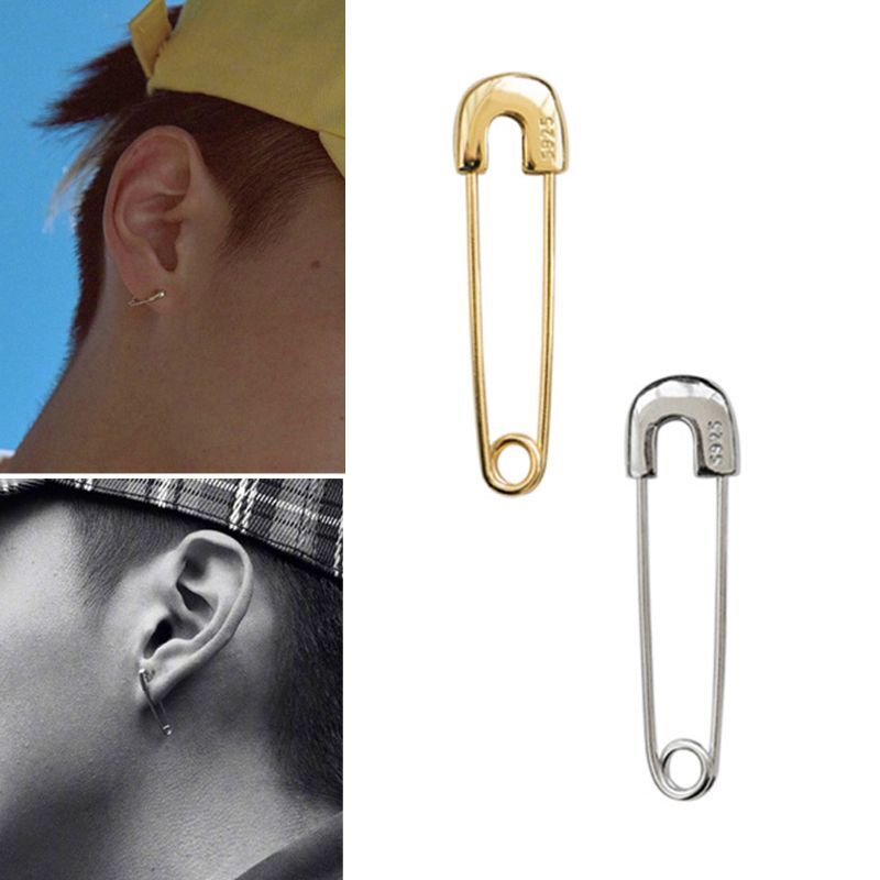 Punk Rock Sterling Safety Pin Stud Anting-Anting Telinga Threader Kancing Fashion Perhiasan Unisex