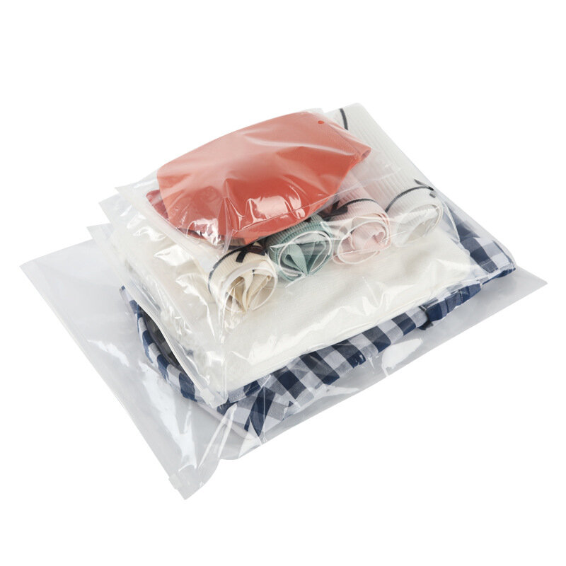 Sacos de armazenamento de plástico ziplock, 50 peças personalizadas, fechamento transparente, logotipo impresso para roupas de viagem, empacotador de roupas à prova d'água