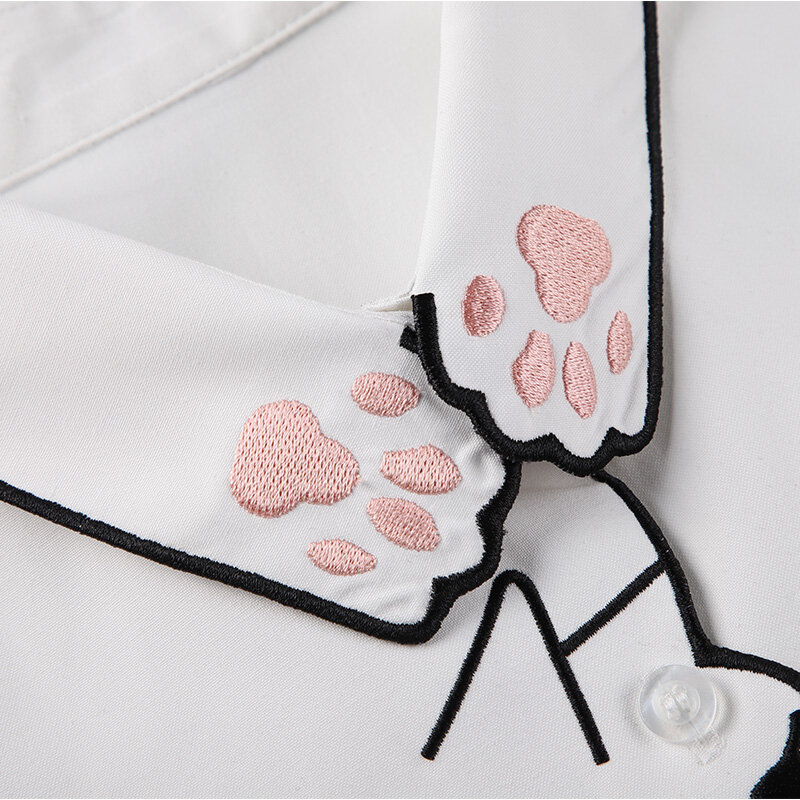Spring New Women Cartoon Cat Paw Embroidery Cotton White Shirt Turn-Down Collar Button Up Blouse Autumn Sweet Girls Tops T11701F
