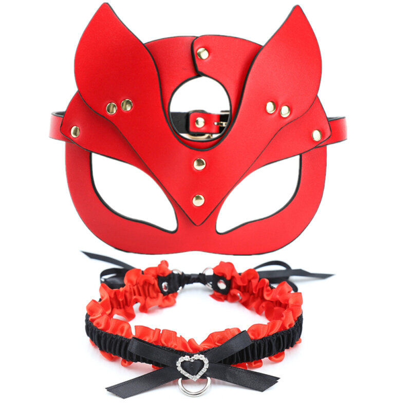 Red Leather Cosplay Mask Bdsm Fetish Sex Toys Erotic Rabbit Mask and Collar Halloween Gift Masquerade Party Mask Adult Game