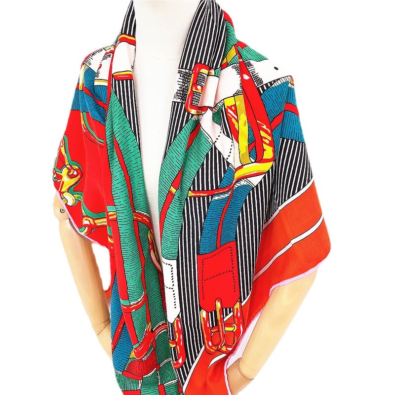 130cm Designer Luxury new belt chain female silk fur decoration fashion big shawl Bandana Beach Towel Poncho Scarves Hijab