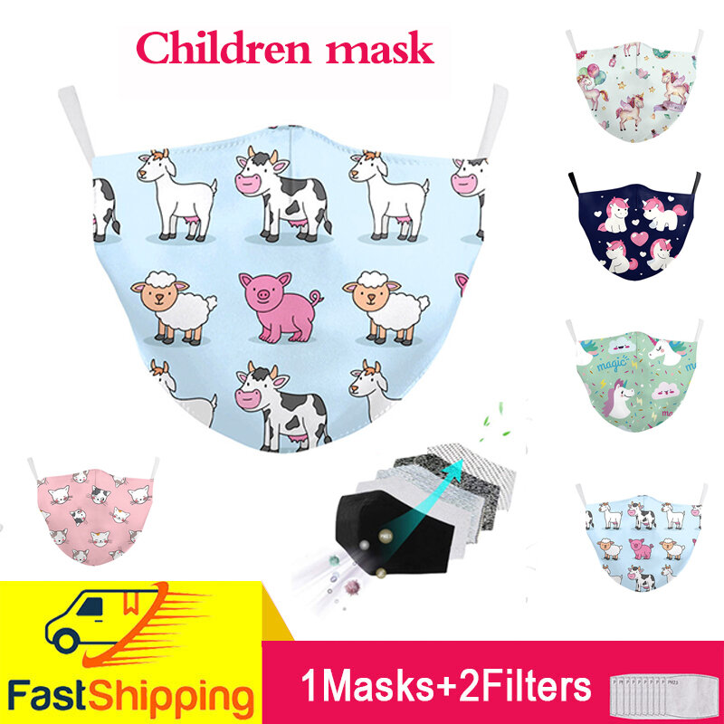 Herbruikbare Stof Kids Masker Mond Wasbare Leuke Koeien Print Roze Cartoon Beschermende PM2.5 Gezichtsmasker Stof Stofmaskers Kinderen Masker