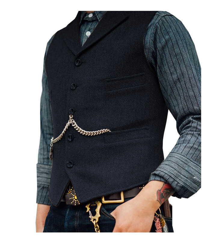Espinha de espinho Tweed lapela Slim Fit terno colete masculino, casual groomsmen colete, entalhe