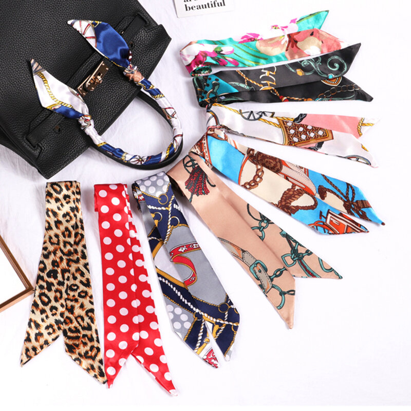 Новый маленький шарф с цветочным принтом для женщин, Сумка с ручками, ленты, брендовый модный головной шарф, маленькие длинные узкие шарфы, оптовая продажа, повязки на голову