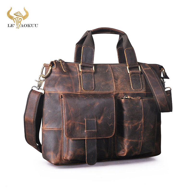 Thick Quality Leather Antique Business Briefcase For Men Male Laptop Case Attache Portfolio Bag One Shoulder Messenger Bag B260