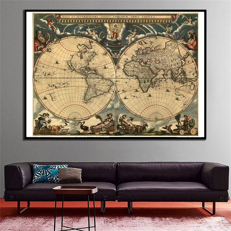 Large World Map Poster Foldable Classic Edition Map of The World Retro Decorative Wall Sticker for Education School Office Decor