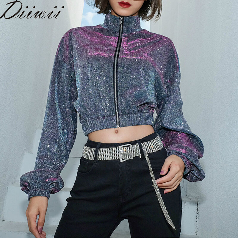 DiiWii Hot Style Hip Hop Women's Fashion Metal Color Loose High Collar Short Coat