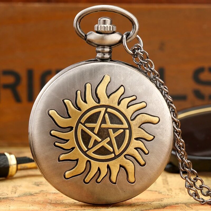 Retro Five-Pointed ดวงดาวพระอาทิตย์ดอกไม้ Quartz พ็อกเก็ตนาฬิกาสร้อยคอจี้สร้อยคล้องคอผู้ชายของขวัญกระเป๋า Fob นาฬิกา