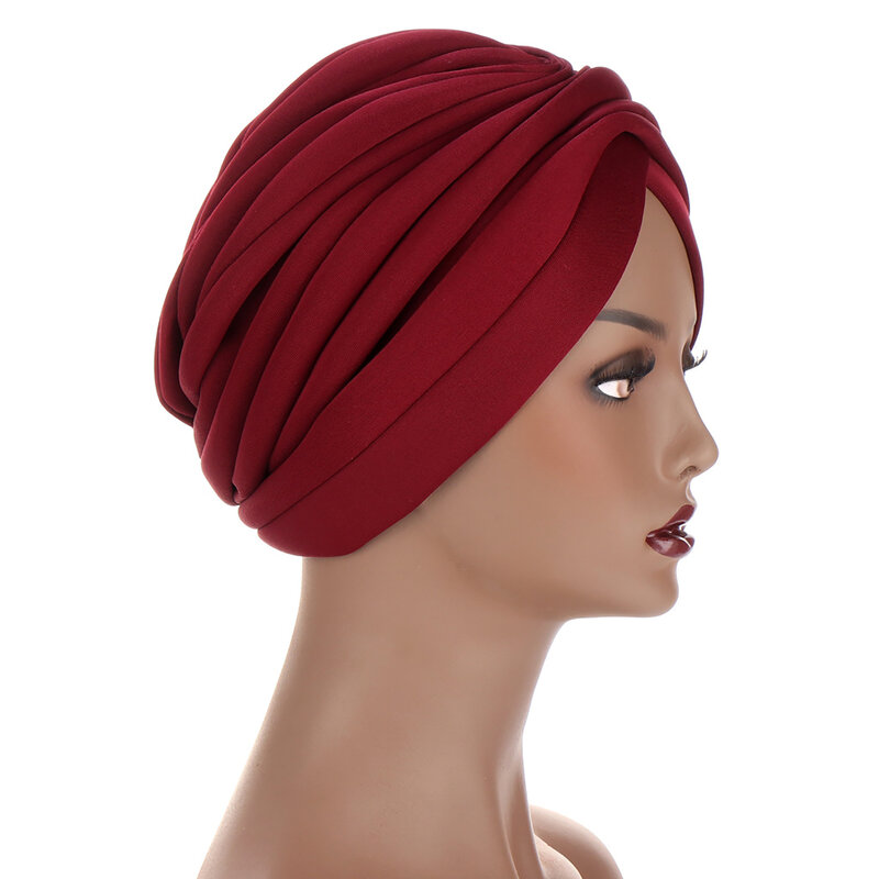 Berretto da turbante musulmano da donna sciarpa a testa avvolgente cotone autunno inverno berretti elastici cappelli pieghettati cappellini intrecciati in seta di latte indiano