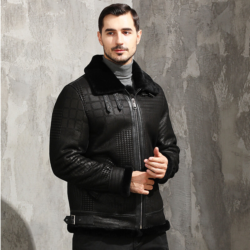 LUHAYESA-abrigo de piel de oveja a cuadros para hombre, chaquetas ajustadas de piel de oveja Natural, cálidas, color negro, Invierno