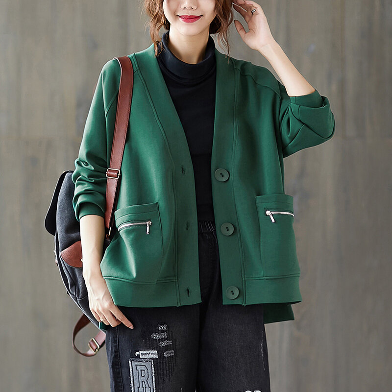 Casual Women's Coat Jacket 2023 New Spring Autumn Short V-Neck Single-Breasted Loose Green Black Outerwear Hoodie Female Tops