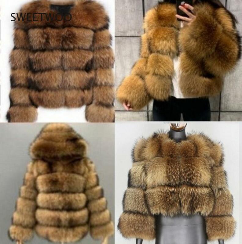 ฤดูหนาวปลอม Raccoon เสื้อขนสัตว์ Fluffy Faux Fur Coat สีน้ำตาลหนา Outerwear แฟชั่นเสื้อกันหนาว2021