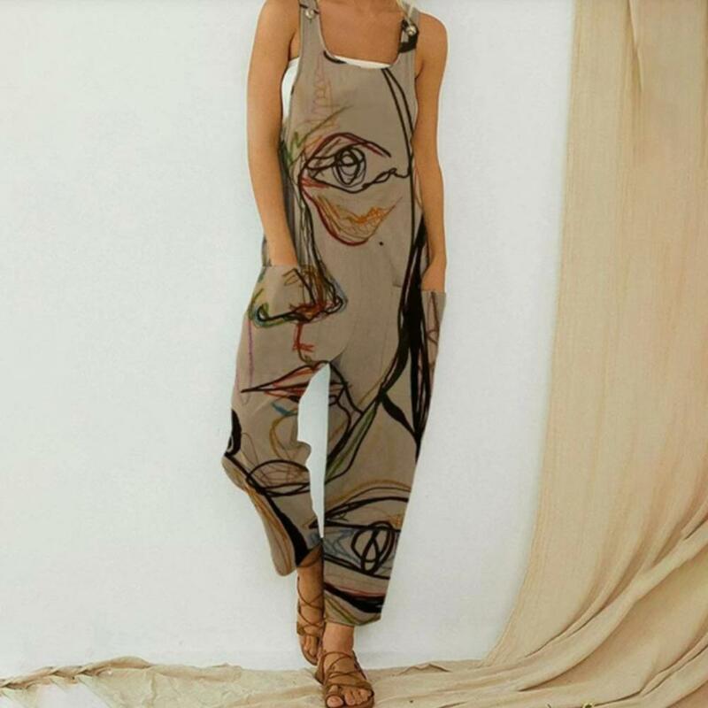 Macacão feminino elegante e abstrato, macacão de verão para mulheres, sem mangas, perna larga, roupa de trabalho solta, 2021