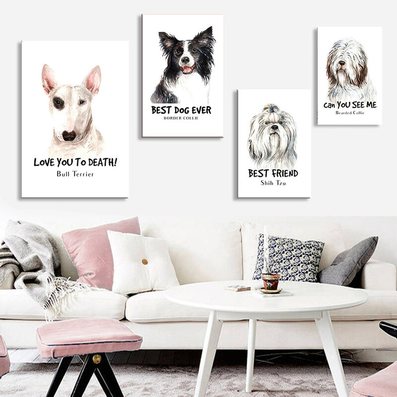 Cute Adorable Dog Bull Terrier Border Collie Shih Tzu Beared Collie Living Room Sofa Modern Decorative Painting Canvas Painting