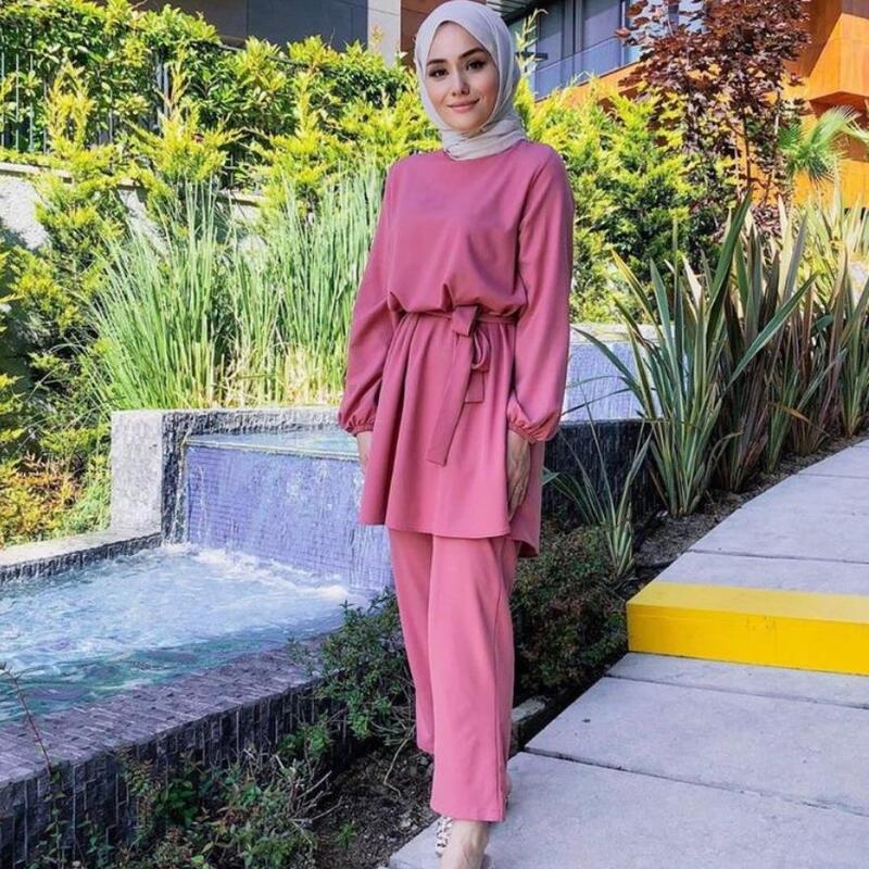 Eid Mubarek dwuczęściowe zestawy muzułmańskie Abaya turcja hidżab sukienka kaftan kaftany Islam odzież Abayas dla kobiet Musulman zespoły