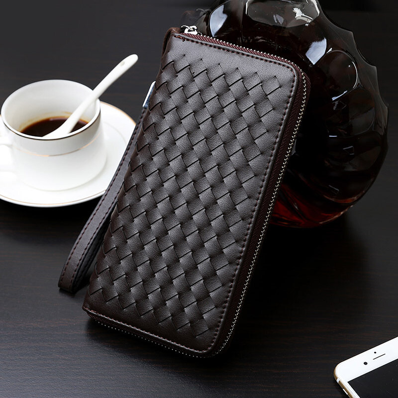 Cow Leather  Woven Long Wallet High Quality Zipper Purse Male Phone Case Day Clutch Men Fashion Soft Cards Holder Coin Wallet