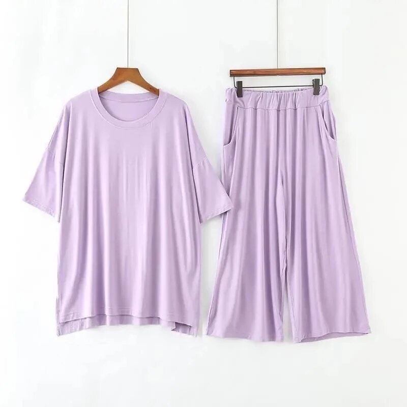 Set Piyama Modal Musim Panas 150K Ukuran Plus 7XL Atasan Lengan Pendek dan Celana Wanita Pakaian Tidur Lembut Setelan Pakaian Tidur Wanita Rumah