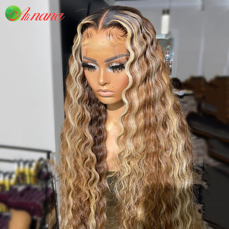 13X6 Wig Renda Depan Highlight Coklat Pirang Gelombang Dalam Pra-dipetik Madu Pirang Renda Depan Wig Rambut Manusia untuk Wanita 32 Inci