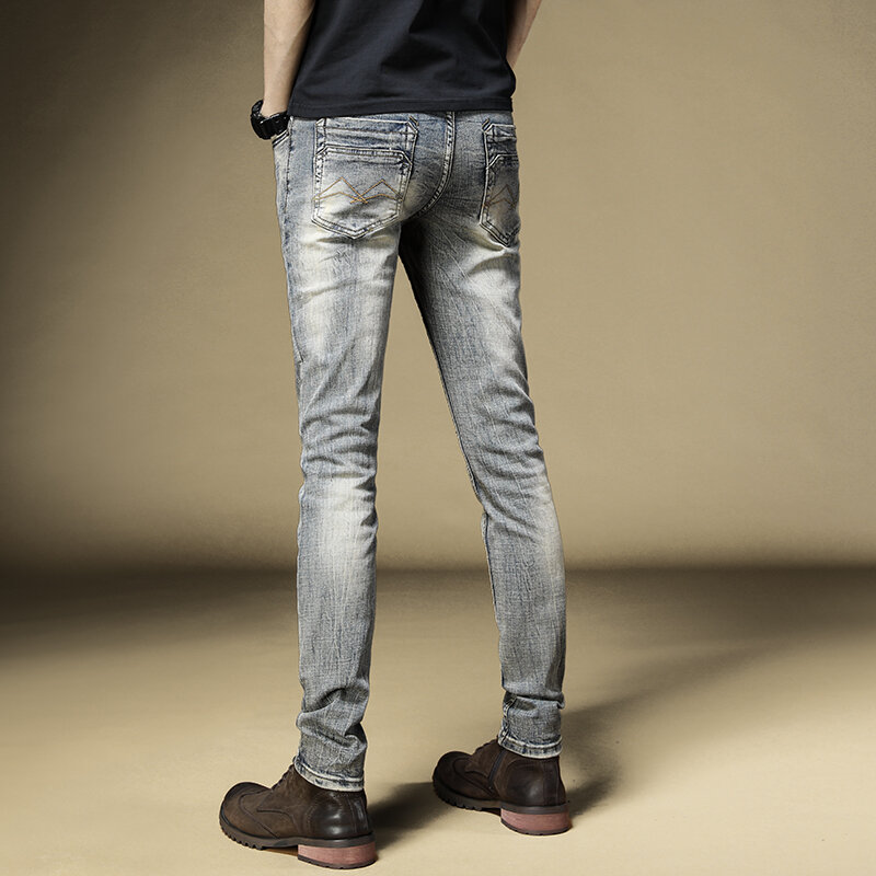 Autumn Men Vintage Jeans Retro Blue Cotton Straight Slim Fit Pants Streetwear Denim Trousers