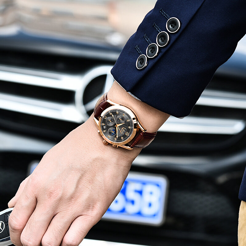 LIGE jam tangan bisnis pria, arloji LIGE 2023 baru merek terkenal mewah tanggal olahraga militer tali kulit Quartz hadiah