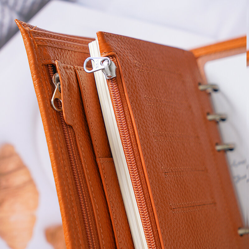 Moterm Zipper Flyleaf für Persönliche Größe Ring Planer Echtem Pebbled Korn Leder Teiler Münze Lagerung Tasche Notebook Zubehör