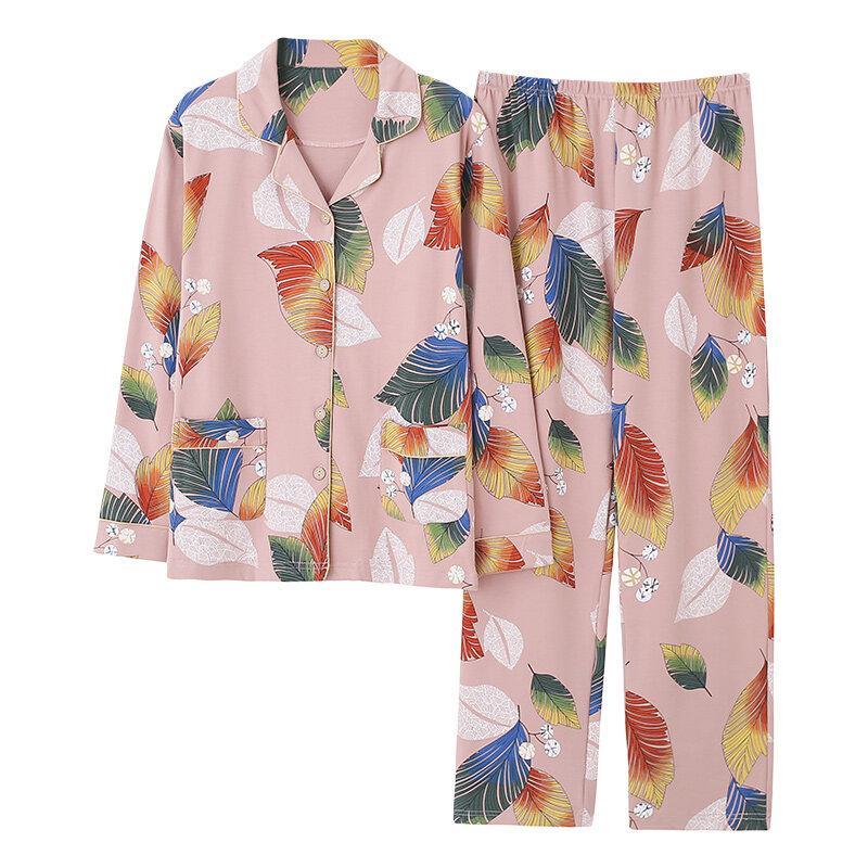 Женский домашний костюм из двух предметов с принтом листьев для весны и осени, штаны из чистого хлопка с длинным рукавом, пижамы, женский кардиган, одежда для сна