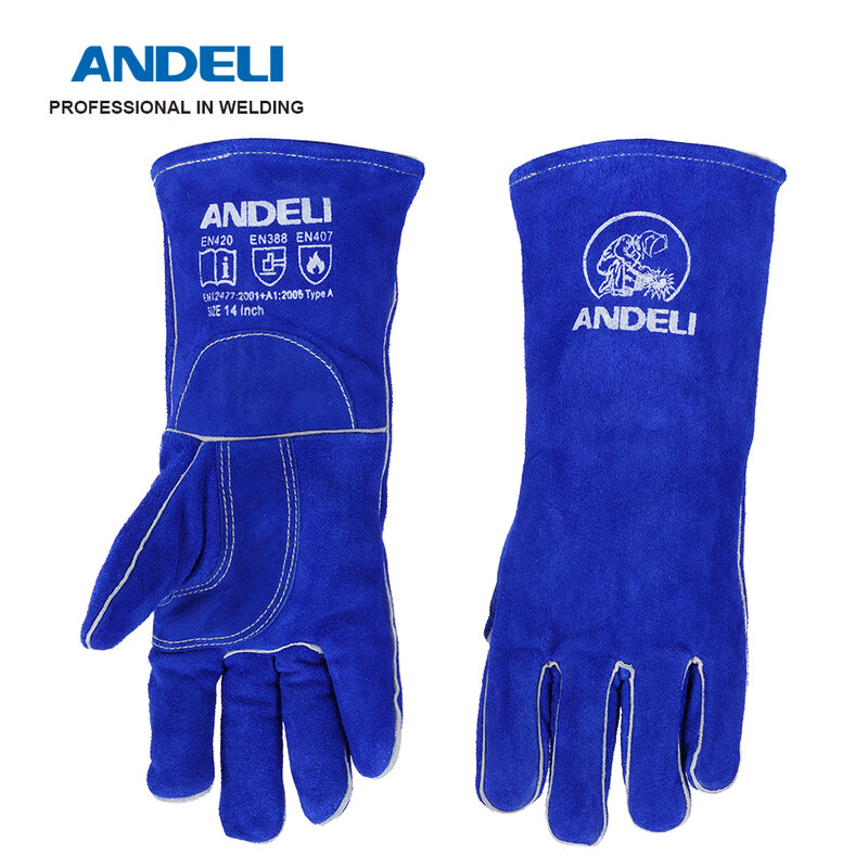 ANDELI – gants de soudage MIG TIG coupe à l'arc, gants de travail résistants à la chaleur/au feu, gants de sécurité pour barbecue/manipulation d'animaux, bleu