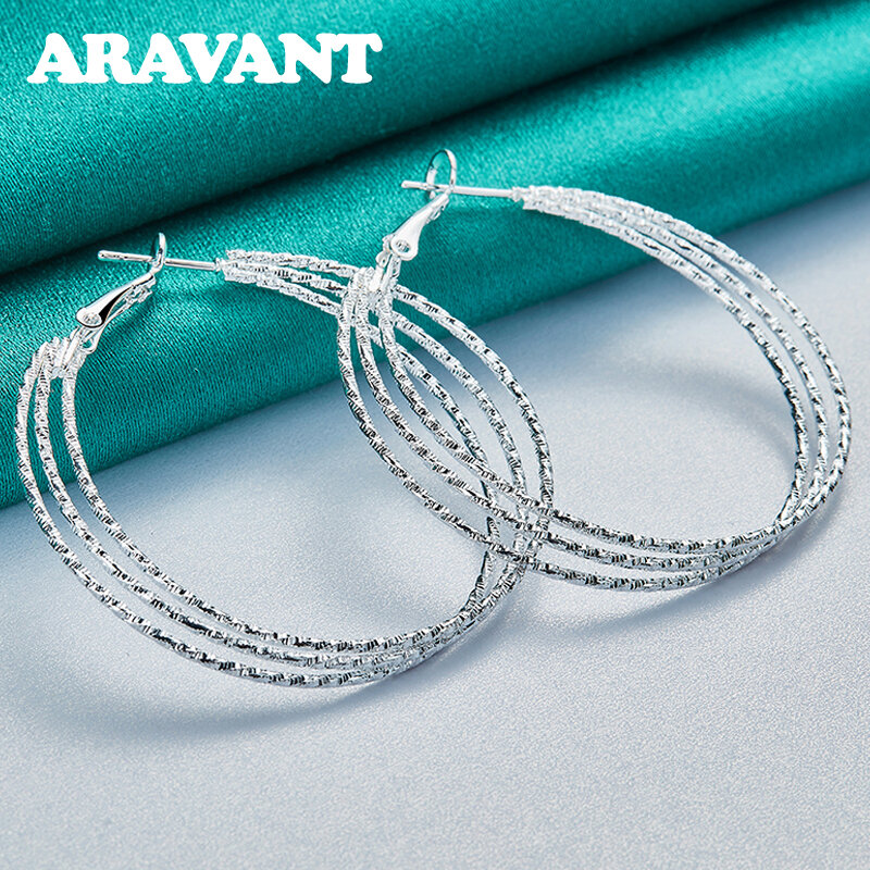 Aravant-Multi Line Round Circle Hoop Brinco para Mulheres, Presente Jóias da Moda, Prata 925, 50mm
